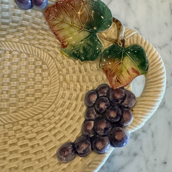 Fitz & Floyd Ironstone oval ceramic basketweave bowl. Features grapes & vines. - Picture 6 of 10
